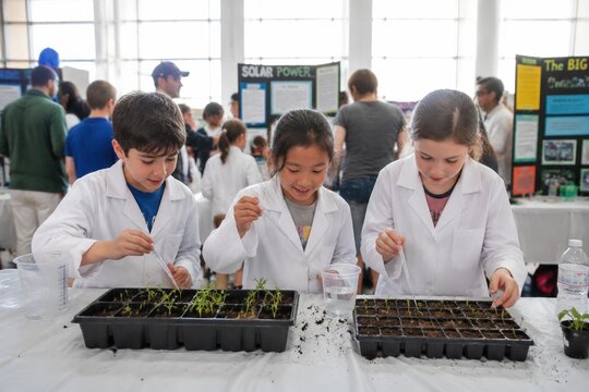 Three children in white lab coats use pipettes on seedlings at a science fair. This image captures the excitement of hands-on STEM education and discovery. Ideal for educational materials.