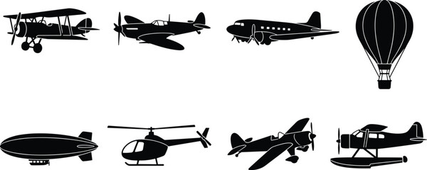 Set of black silhouettes of various aircraft including biplane, fighter plane, passenger airplane, hot air balloon, airship, helicopter, propeller plane, and seaplane on white © Sifat