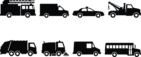 Set of black silhouette featuring various utility and emergency vehicles including a fire truck, tow truck, garbage truck, police car, and school bus © Sifat
