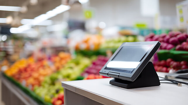 Point of Sale Terminal on Countertop in Modern Grocery Store with Blurry Background of Fresh Produce Displays and Bright Lighting
