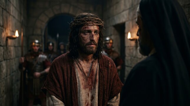 Jesus wearing crown of thorn standing before Pontius Pilate in stone corridor. Biblical scene depicting passion of Christ. Historical religious illustration for Easter celebration theme.