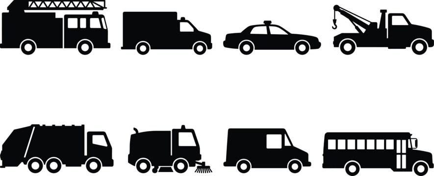 Set of black silhouette featuring various utility and emergency vehicles including a fire truck, tow truck, garbage truck, police car, and school bus