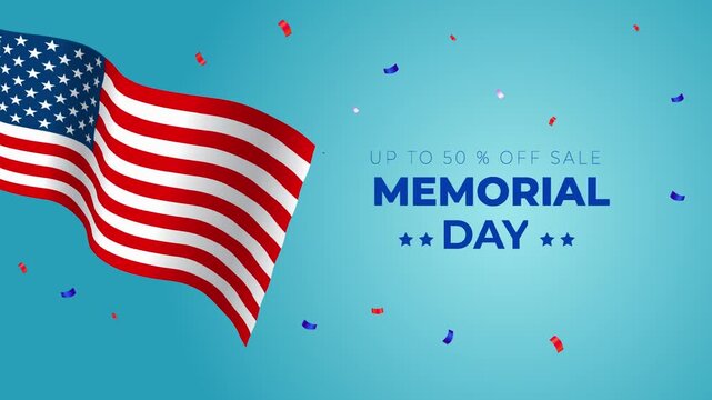 Celebrate America: A waving American flag with patriotic confetti against a vibrant blue background announces a Memorial Day sale of up to 50% off.