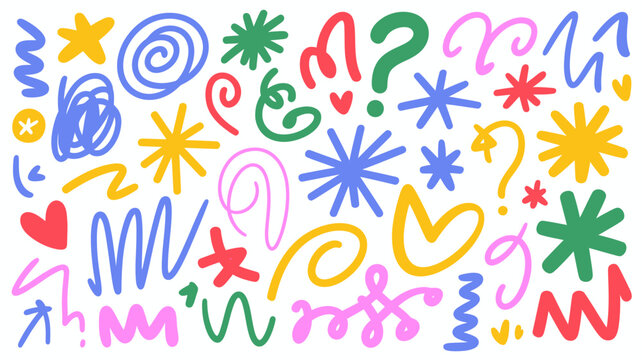 colorful doodle shapes and symbols on a white background