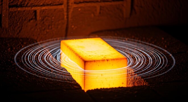 Glowing hot steel billet undergoing electromagnetic induction heating process
