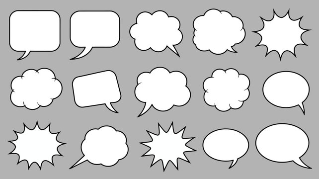collection of blank speech bubbles and comic book text boxes white on gray