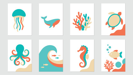 Set of eight nautical themed wall prints featuring sea life including jellyfish, whale, turtle, octopus, seahorse, fish, coral, and ocean waves in teal and coral tones © Sifat