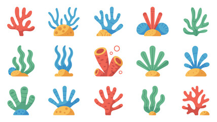 coral reef illustrations with various shapes and colors on a white background © MdRafiqul