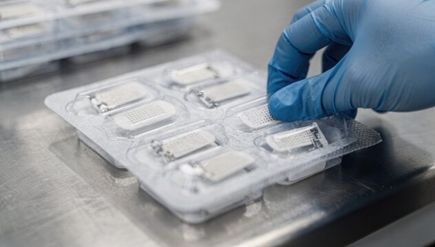 Closeup medium shot of multipack medical sensors being carefully arranged and sealed in sterile packaging trays for hospital distribution.