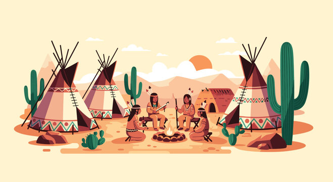 Detailed illustration of a Native American campsite with several tipis cacti and people gathered around a campfire.