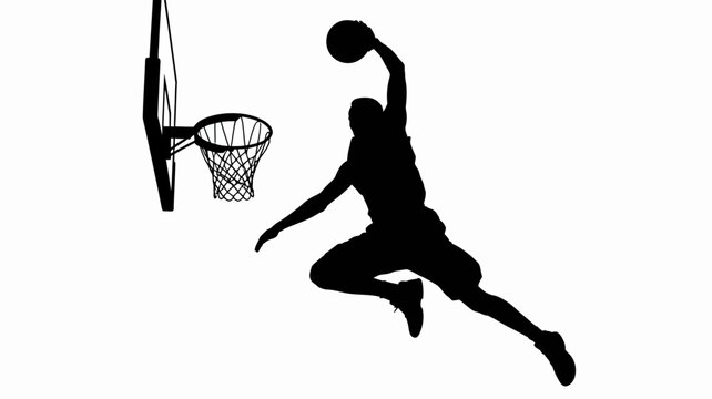 basketball player silhouette dunking on hoop against white background