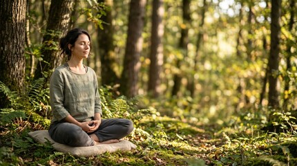 Obraz premium Peaceful Woman Meditating in Sunny Forest