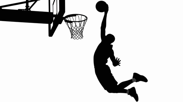 basketball player silhouette dunking hoop and net