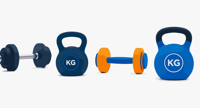 Set of fitness equipment including heavy dumbbells and kettlebells flat vector illustration for gym workout.