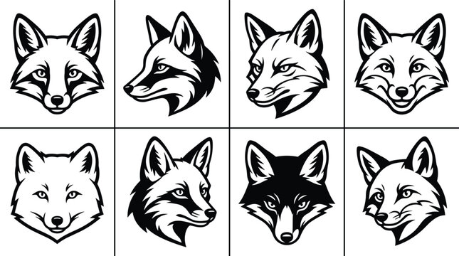Collection of eight black and white fox head featuring different angles and expressions for wildlife, nature, and forest animal themed projects