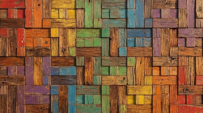 Colorful wooden block mosaic texture background with rainbow square tiles in a geometric pattern. This rustic decorative patchwork