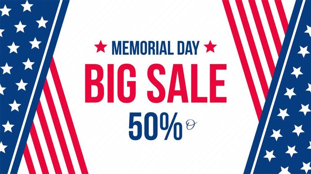 Memorial Day Big Sale: Celebrate Memorial Day with a massive 50% off sale! This graphic features the American flag elements and bold text announcing a significant discount.