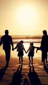 Walking, silhouette and family holding hands for beach sunset, summer holiday and weekend travel trip. Back, people and children with hat for seaside vacation, mockup space and sunshine for journey