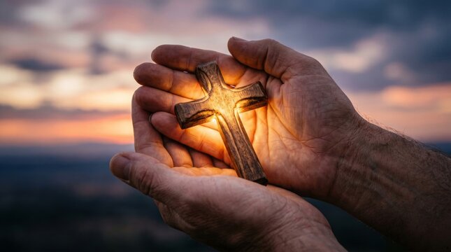 Man holding glowing wooden cross in hand at sunset. Concepts of Christian faith, spirituality, hope, prayer, and religion. Religious devotion and meditation during outdoor worship activity.