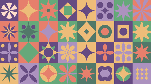colorful geometric pattern with floral and abstract shapes