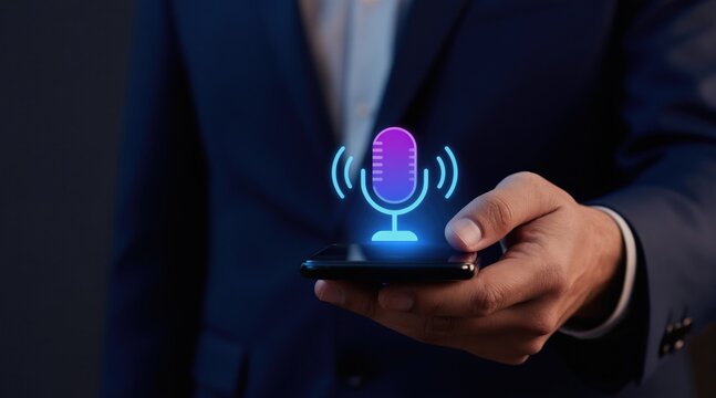 Man in suit holds smartphone displaying glowing microphone icon. Voice command interface active on device. Digital assistant interaction shown on screen. Modern tech app use.