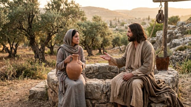 Man and woman talking at stone well in biblical setting. Jesus conversing with Samaritan woman in desert landscape. Historical religious scene depicting spiritual encounter and faith.