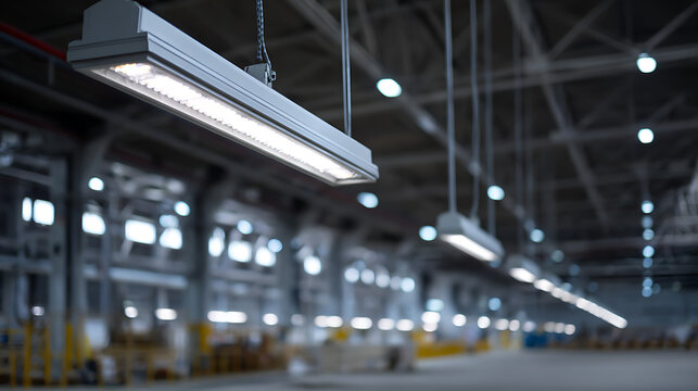 Modern LED Lighting Fixture Brightly Illuminates an Industrial Warehouse or Manufacturing Facility Interior, Blurred Background