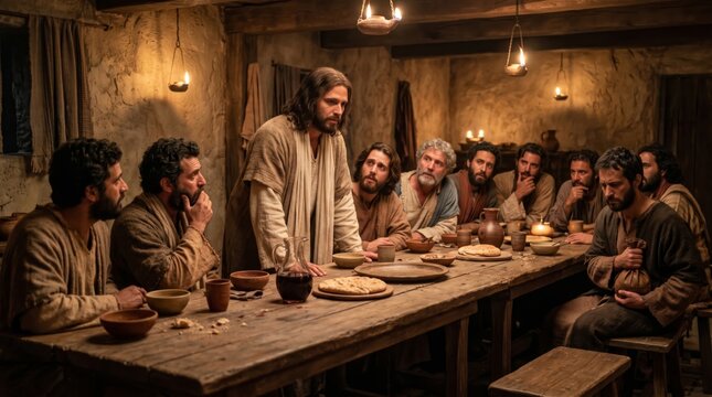 Jesus Christ standing at a wooden table with disciples during the Last Supper. Biblical scene representing a religious meal and communion. Historical reenactment of faith and tradition.