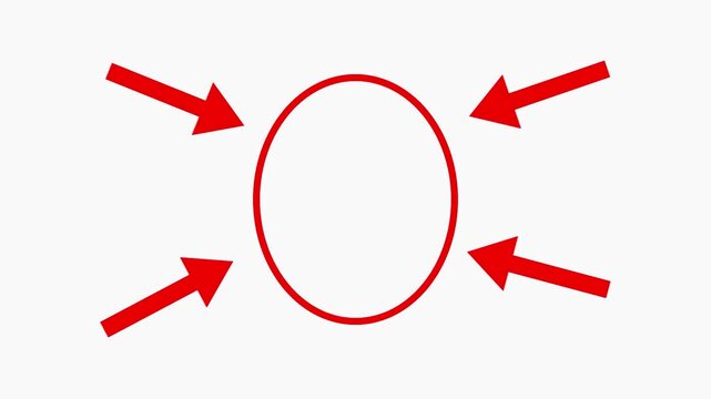 Four Arrows Pointing to a Circle: A minimalist graphic illustration featuring a red circle with four red arrows converging towards its center, representing focus, direction, or targeting.