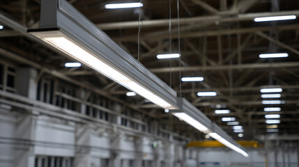 Naklejka premium Industrial Lighting Fixture Illuminates Large Factory or Warehouse Interior, Modern LED Technology Brightens Commercial Workspace, Blurred Background Focus