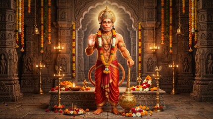 Plakat Lord Hanuman standing in ancient stone temple with traditional decorative garlands and oil lamps. Hindu deity sculpture representing strength and devotion for Hanuman Jayanti festival.