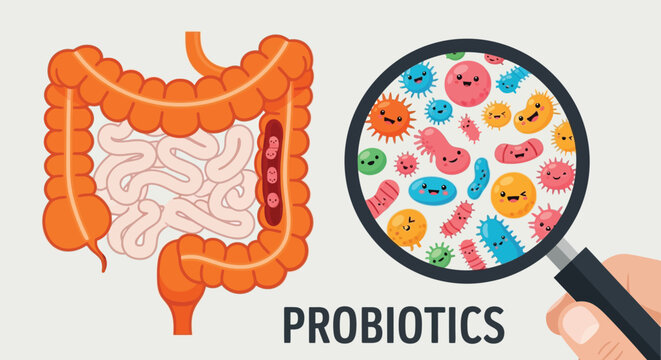 Probiotics gut health concept illustration showing human digestive system anatomy and magnification of diverse beneficial bacteria colony under magnifying glass.