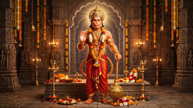 Lord Hanuman standing in ancient stone temple with traditional decorative garlands and oil lamps. Hindu deity sculpture representing strength and devotion for Hanuman Jayanti festival.