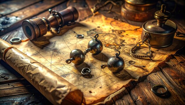 Antique lead fishing weights and tarnished pewter figurines scattered on an old nautical map, evoking adventure and discovery