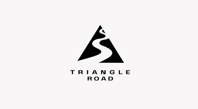 triangle winding road street river creek sign symbol logo design, geometric landscape icon, nature pathway illustration and travel route vector concept.