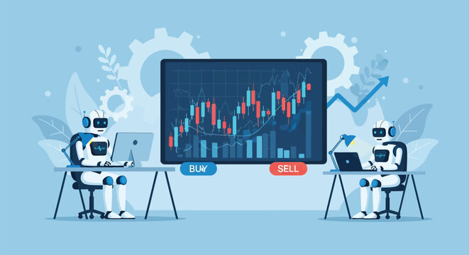 Artificial intelligence trading bots monitoring stock market data on screen with buy and sell buttons for automated financial analysis and expert investment.