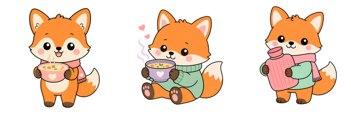 Fototapeta premium Cute fox cartoon soup sweater scarf winter cozy happy animal adorable holding bowl holding cup holding bottle sitting standing pink green orange