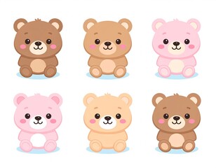 Fototapeta premium Cute kawaii teddy bear icons set, pastel colors, soft plush toy illustrations, flat design vector collection for kids, baby shower, nursery decor