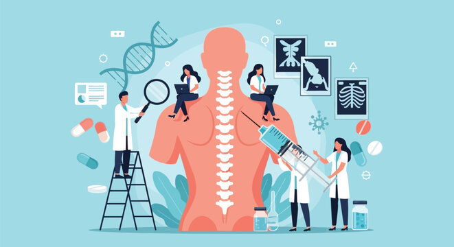 Medical research team studying human spine anatomy on large model with x-ray images and laboratory equipment for spinal healthcare and surgical planning.