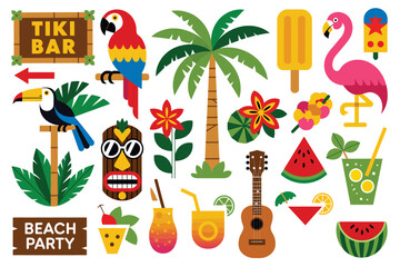Hawaiian beach party icon set vector collection with tropical summer symbols, cocktails, palm trees, surf, and festive vacation design elements © Rony art