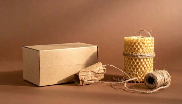 Eco friendly unbranded kraft paper shipping box and biodegradable packaging materials on clean background