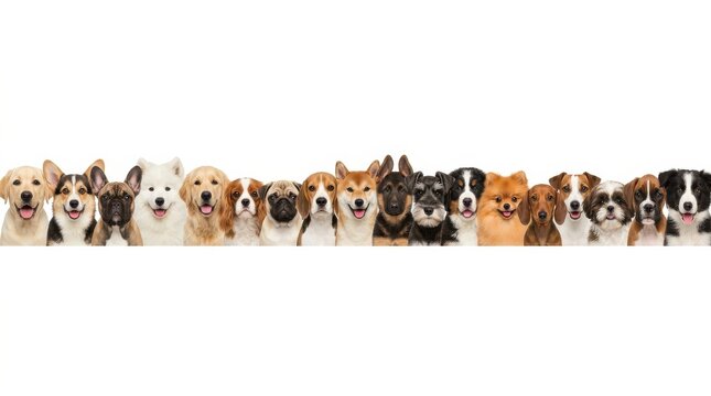Seamless banner of various cute puppy faces in a row on a white background, dogs breed pattern cute pets, canine animal adorable