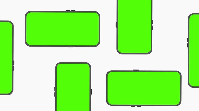 Green Screen Smartphone Templates: A collection of modern smartphones with vibrant green screens, arranged in various orientations, offering a blank canvas for digital content creation.