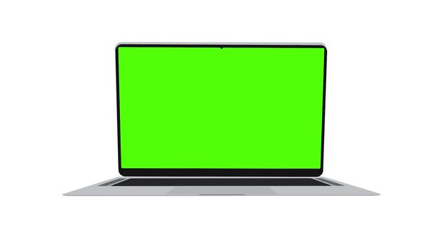Laptop with Green Screen: A modern laptop sits open, its screen displaying a vibrant green color, ready for customization or editing.