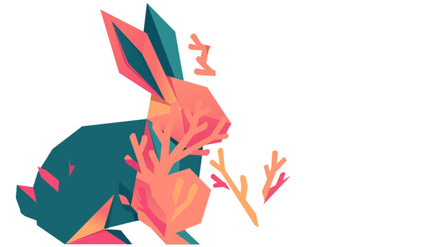 Creative colorful low poly vector illustration of a turquoise and pink rabbit with coral antlers on a white background, ideal for modern graphic design, artistic gemstone themes, and icons.