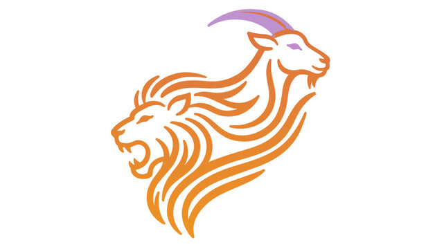 Vibrant orange and purple line art vector illustration of a mythical chimera featuring a majestic roaring lion and a horned goat, ideal for fantasy logos, zodiac symbols, and creative designs.