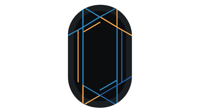 Sleek contemporary vector illustration of a deep obsidian orb or dark gem icon adorned with vivid cobalt and tangerine angular geometric stripe patterns &mdash; a bold standalone minimalist jewel emblem on