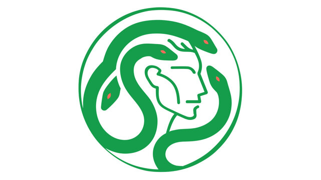 Green vector icon illustration of Medusa, the mythical Gorgon from Greek mythology, featuring a female profile with snakes for hair and red eyes, enclosed in a circular frame on white background.