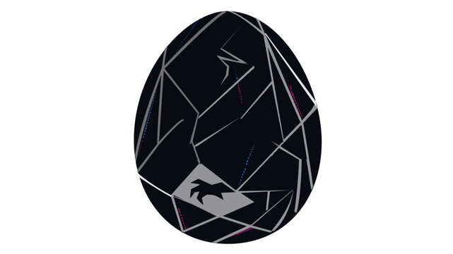 Creative vector illustration of a dark mythical dragon egg featuring intricate silver geometric cracked lines, isolated on white background, ideal for fantasy gaming, storytelling, and design.