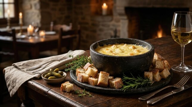 A Decadent Dutch Cheese Fondue Served With Crusty Bread Cubes And Fresh Herbs In A Rustic Tavern Setting Featuring A Warm Fireplace And Elegant Wine Glass Displaying A Cozy Widescreen Composition.